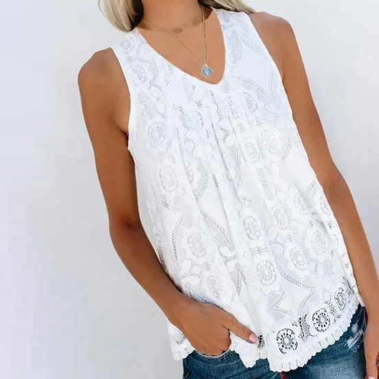 V-Neck Stitching Solid Color Lace Vest