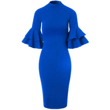 Load image into Gallery viewer, Vintage Bell Sleeve Solid Band Collar Bodycon Dress