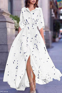 Turn Down Collar  Printed Maxi Dress