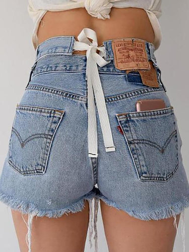 Pure Color High Waist Tie Denim Shorts