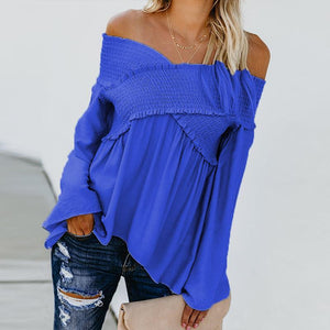 Elastic Off Shoulder Long Flare Sleeve Plain Pleated Loose T-Shirts