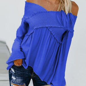 Elastic Off Shoulder Long Flare Sleeve Plain Pleated Loose T-Shirts