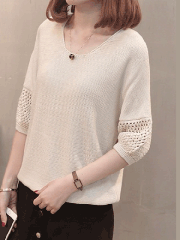 Round Neck  Cutout  Patchwork Plain Pullover