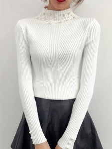 High Neck  Beading  Plain Knit Pullover