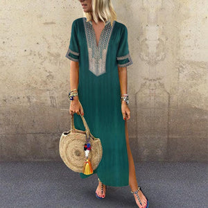 Sexy Side Split V Neck Printed Casual Maxi Dresses