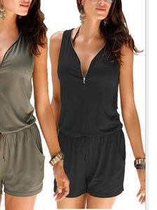 Solid Color V-Neck Sleeveless Jumpsuit