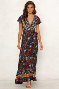 Big Pendulum V-Neck Beach Holiday Tie Printing Vacation Maxi Dress