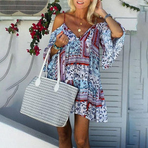 Off-The-Shoulder Vintage Printed Lace-Up Sling Dress