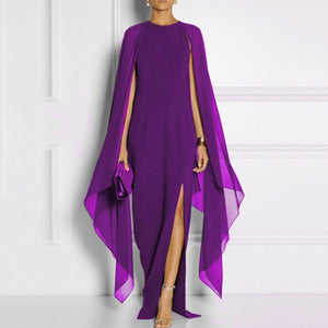 Long-Sleeved Cape Open Sleeve High Slit Plain Chiffon Maxi Dress