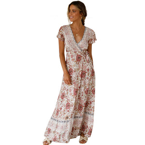 Big Pendulum V-Neck Beach Holiday Tie Printing Vacation Maxi Dress