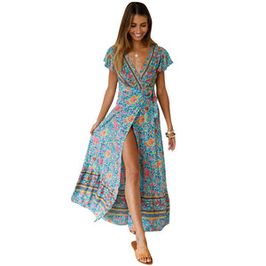 Big Pendulum V-Neck Beach Holiday Tie Printing Vacation Maxi Dress