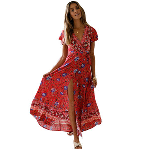 Big Pendulum V-Neck Beach Holiday Tie Printing Vacation Maxi Dress