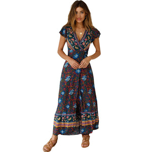 Big Pendulum V-Neck Beach Holiday Tie Printing Vacation Maxi Dress