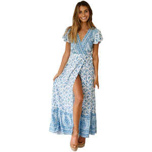 Big Pendulum V-Neck Beach Holiday Tie Printing Vacation Maxi Dress