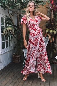 Big Pendulum V-Neck Beach Holiday Tie Printing Vacation Maxi Dress