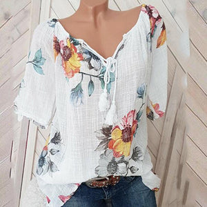 V Neck Loose Floral Printed Blouses