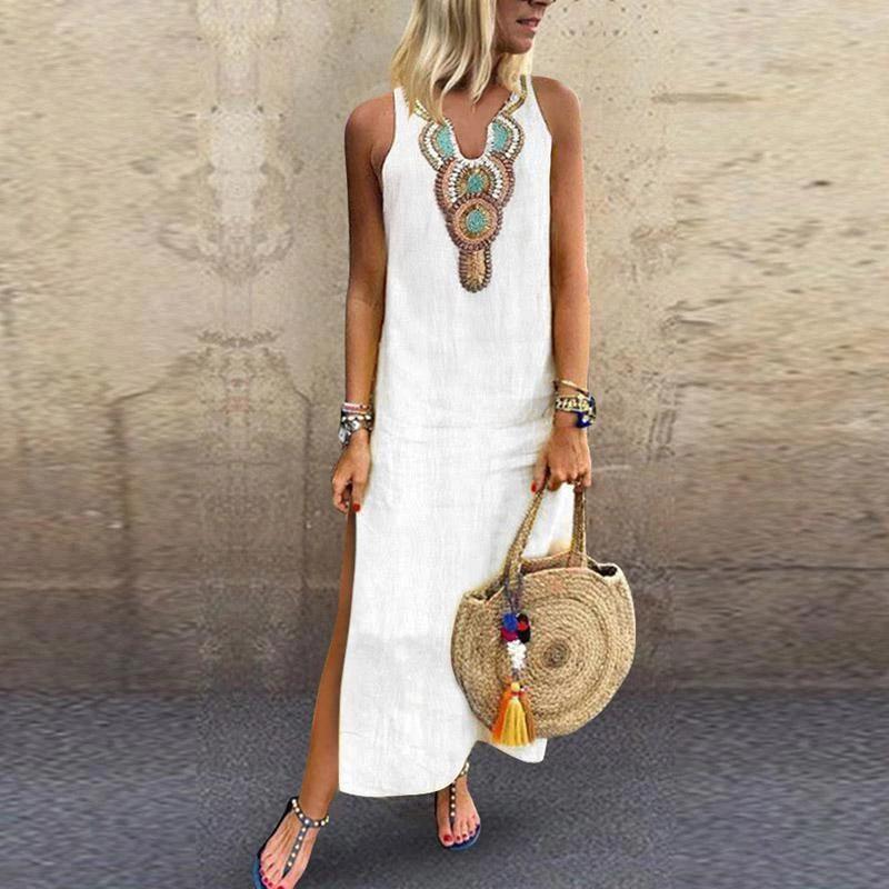 Sexy Side Split V Neck  Printed Sleeveless Casual Dresses