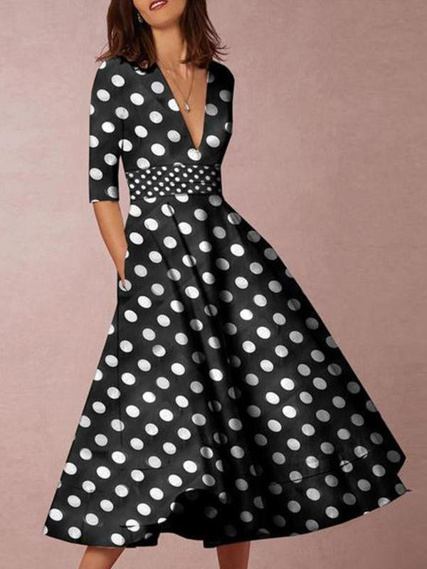 V-Neck  Polka Dot Printed Skater Dresses