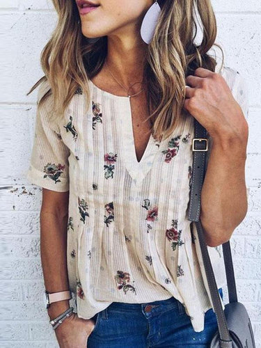 V Neck  Floral Printed Blouses