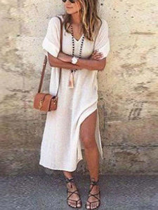 V Neck  Side Slit  Plain Casual Dresses