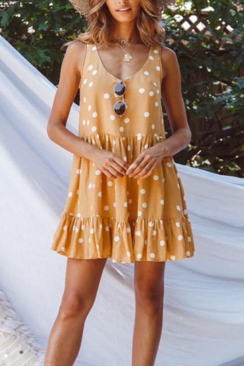 Summer Polka-Dot V-Neck Sleeveless Loose Waist Mini Dress