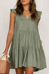 Solid Color V-Neck Loose Casual   Mini Dress