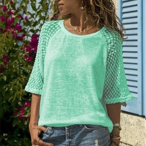 Lace Stitching Round Neck Cropped T-Shirt