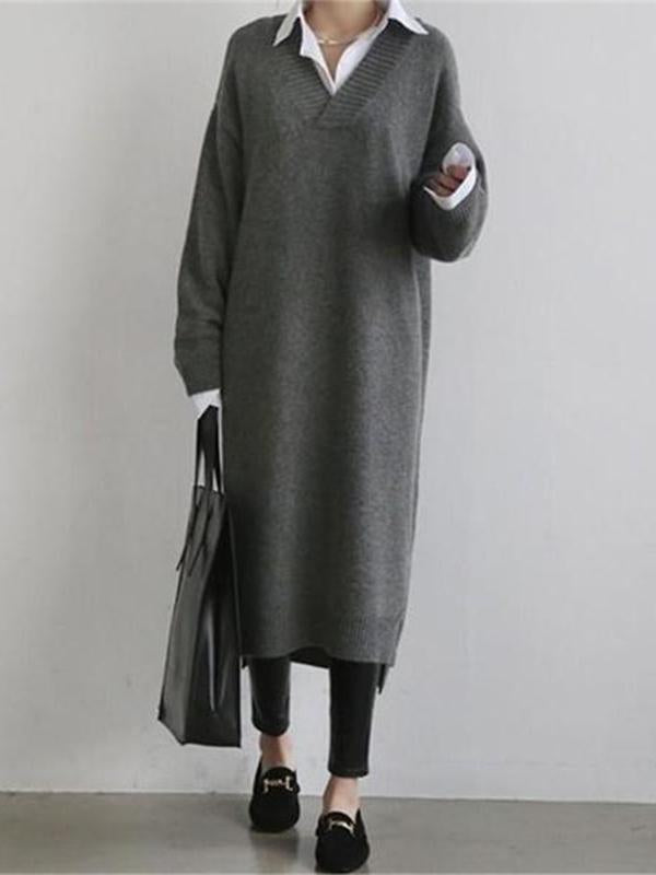 Fashion Simple Loose Long Sleeves Knitted Sweater Shown Thin Maxi Dress