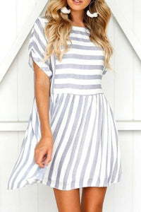 Round Neck Short Sleeve Striped Loose Large Size Dress