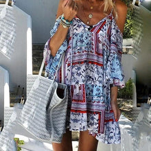 Load image into Gallery viewer, Off-The-Shoulder Vintage Printed Lace-Up Sling Dress