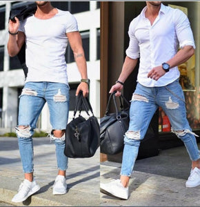 Men's Skinny Jeans Light-Colored Hole Pants