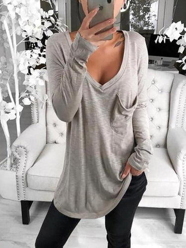 Casual Pure Colour Flap Pocket Deep V Neck Midi T-Shirt