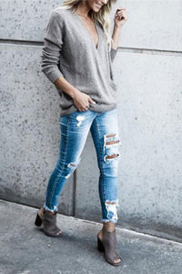 V Neck  Rib Knit Cuffs  Plain Sweaters