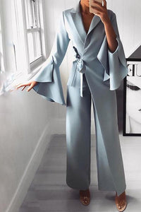 Fashion Pure Colour Bell Sleeve Jumpsuits