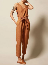 Load image into Gallery viewer, Commuting V Neck Belted Sleeveless Bare Back Jumpsuits