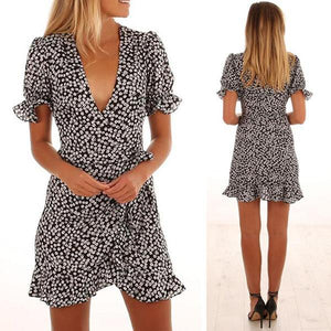 Deep V Neck Floral Printed Short Sleeve Bodycon Dresses