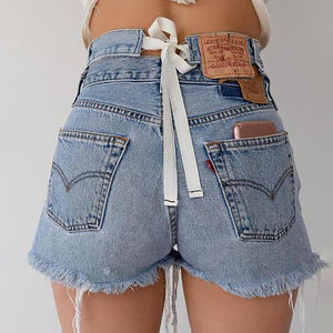 Pure Color High Waist Tie Denim Shorts