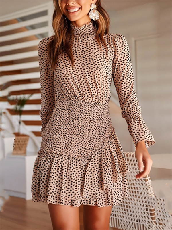 Printed Waist Long Sleeve   Asymmetric Stitching Mini Dress