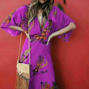 Boho Casual Printed Colour Split V Neck Dress