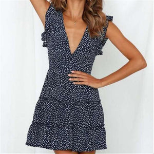 Short-Sleeved Ruffled V-Neck Dot Print Mini Dress