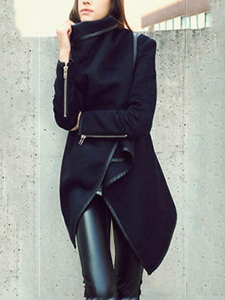 Turtle Neck Front Wrapped Zipper Trench Coat