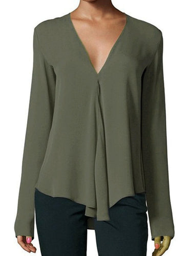 V Neck  Asymmetric Hem  Plain Blouses