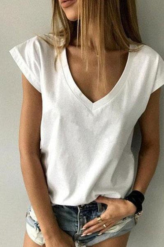 V Neck  Loose Fitting Plain Short Sleeve T-Shirt