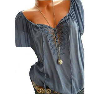 Summer  Polyester  Women  Asymmetric Neck  Decorative Lace  Plain  Short Sleeve Blouses