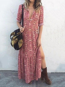 Sexy V Neck Floral Printed Side Split Vacation Maxi Dress