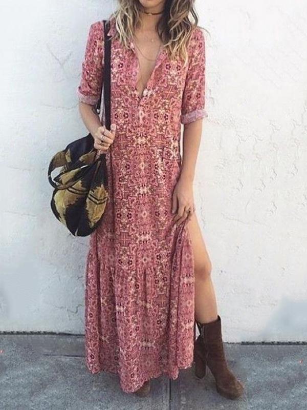 Sexy V Neck Floral Printed Side Split Vacation Maxi Dress