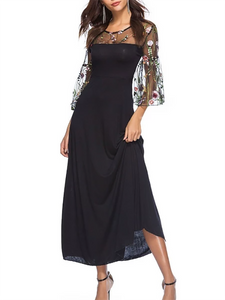 Round Neck  Patchwork  Embroidery Maxi Dress