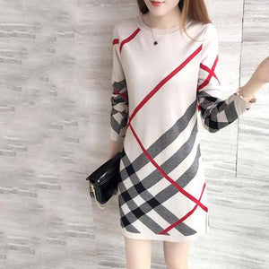 Women Plaid Round Neck Mini Sweater Dress