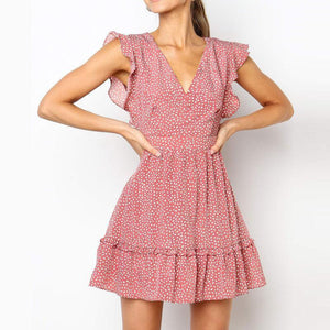 Short-Sleeved Ruffled V-Neck Dot Print Mini Dress