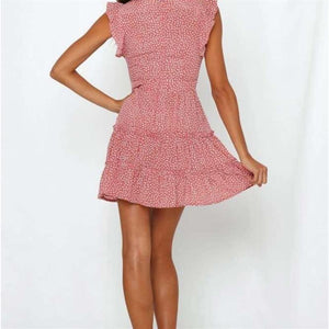 Short-Sleeved Ruffled V-Neck Dot Print Mini Dress